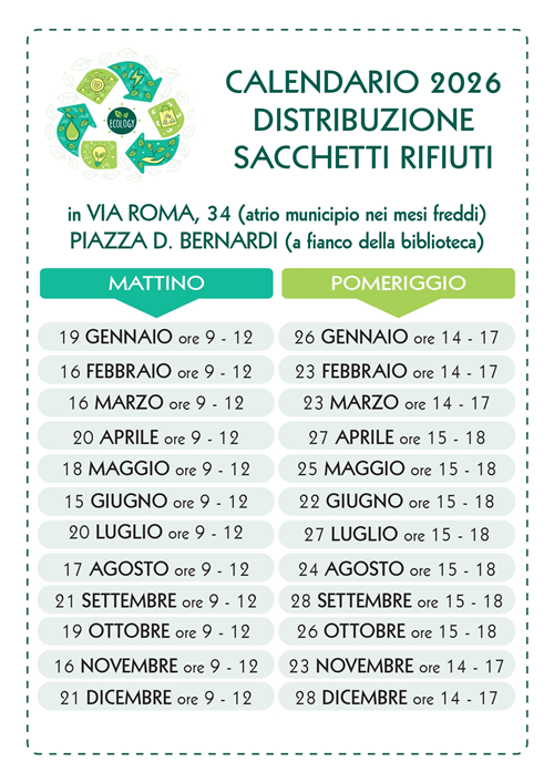 Calendario distribuzione sacchetti rifiuti anno 2026